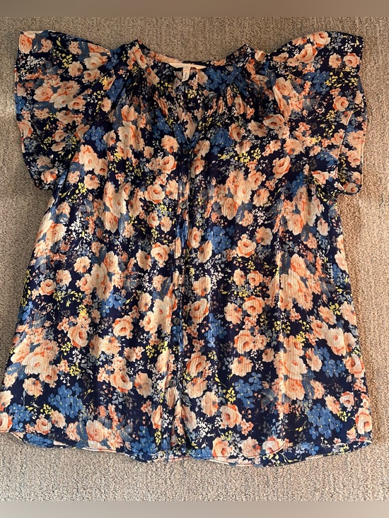 Rebecca Taylor Tops - Rebecca Taylor Button Down 100% Silk Navy Floral Ruffle Sleeve Top